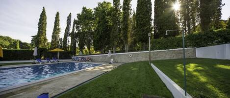 Une piscine bordée d’une pelouse, avec de grands arbres en arrière-plan.
