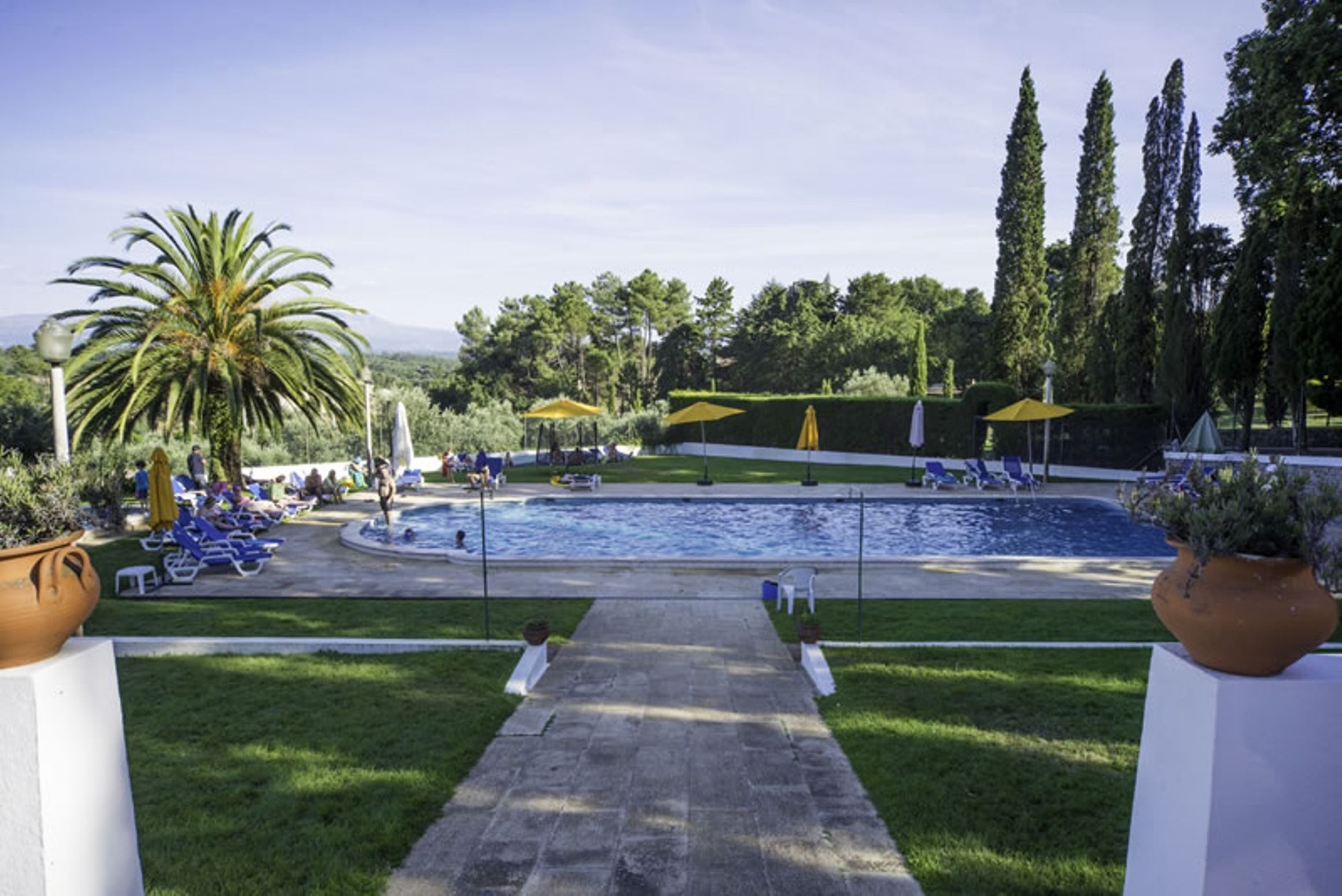 A pool area with lounge chairs and umbrellas, surrounded by greenery and tall trees.
