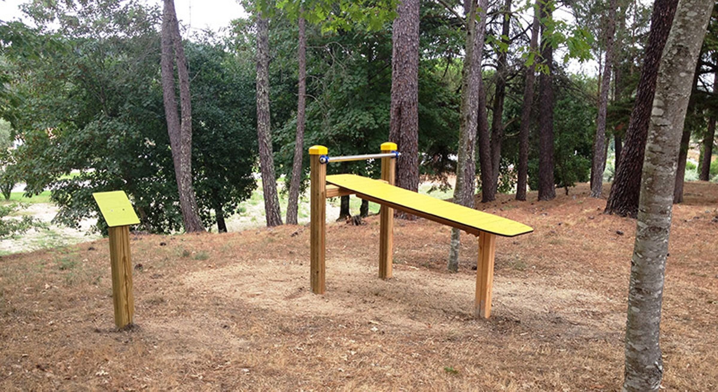 Un parque infantil con un sube y baja y una estructura para escalar en un área boscosa.