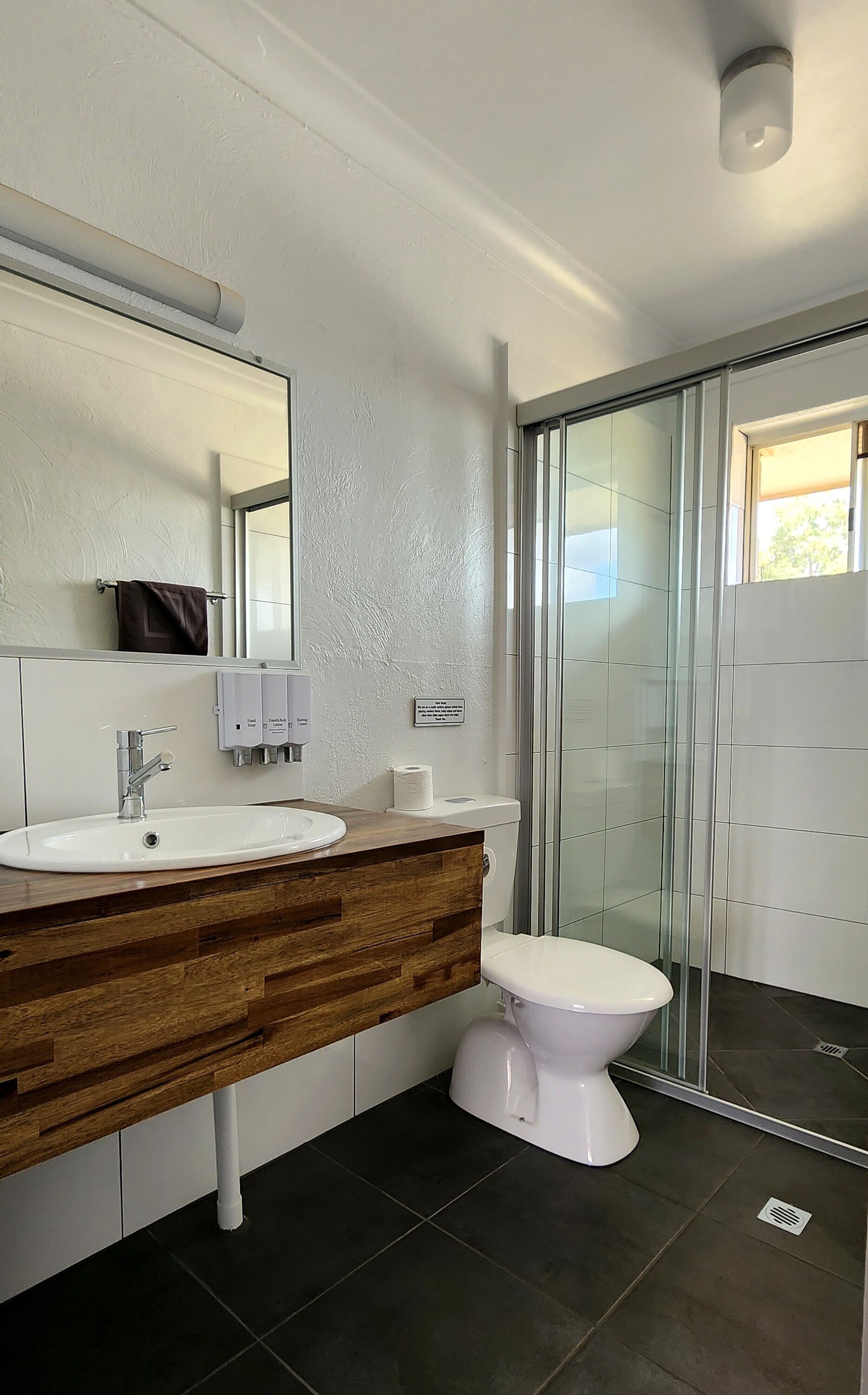 A modern bathroom with a white sink, a mirror, a toilet, and a glass shower enclosure.