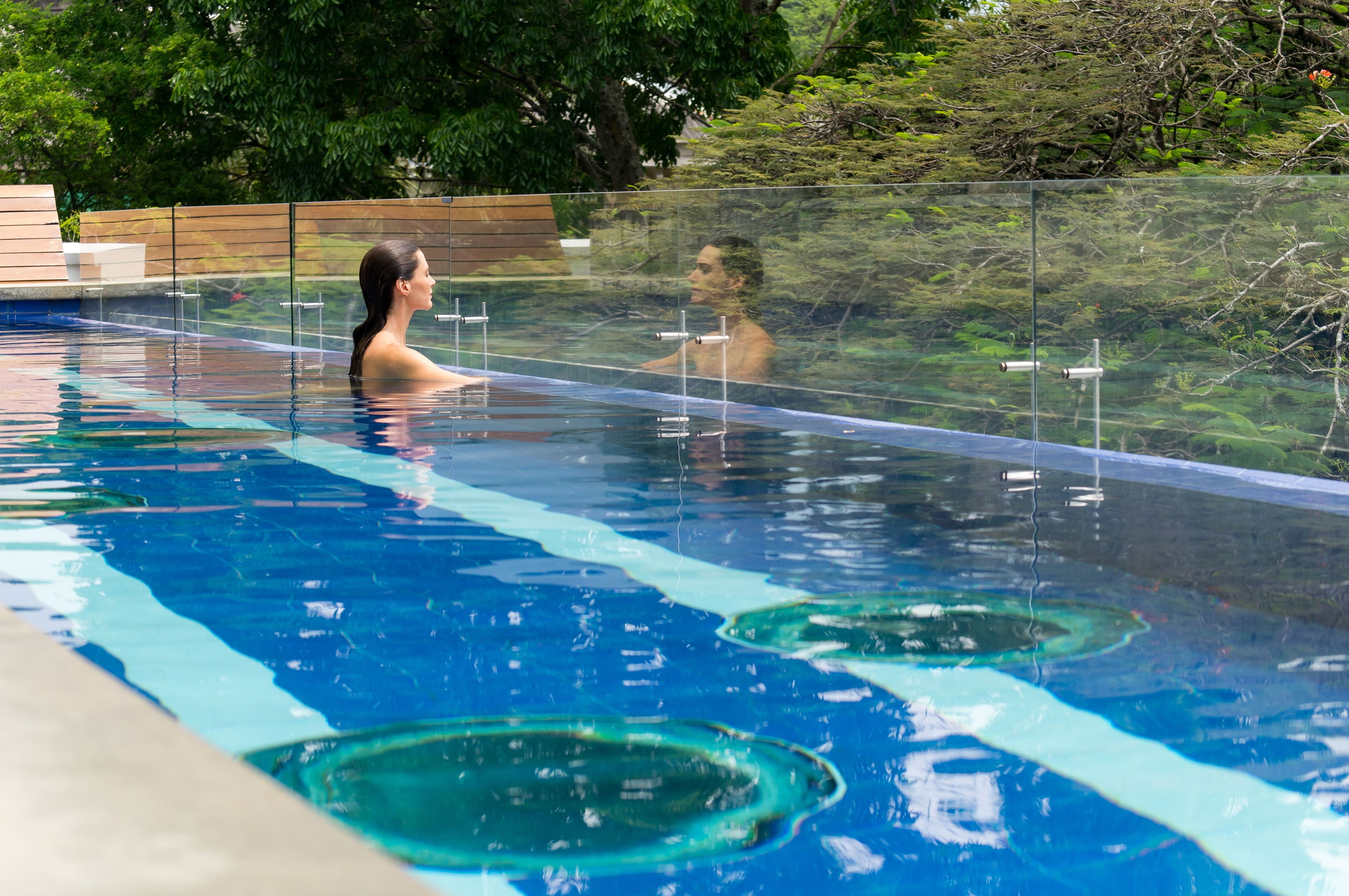 indoor pool, outdoor pool, pool loungers