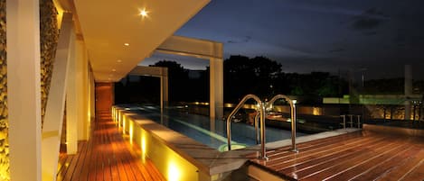 Indoor pool, outdoor pool, pool loungers
