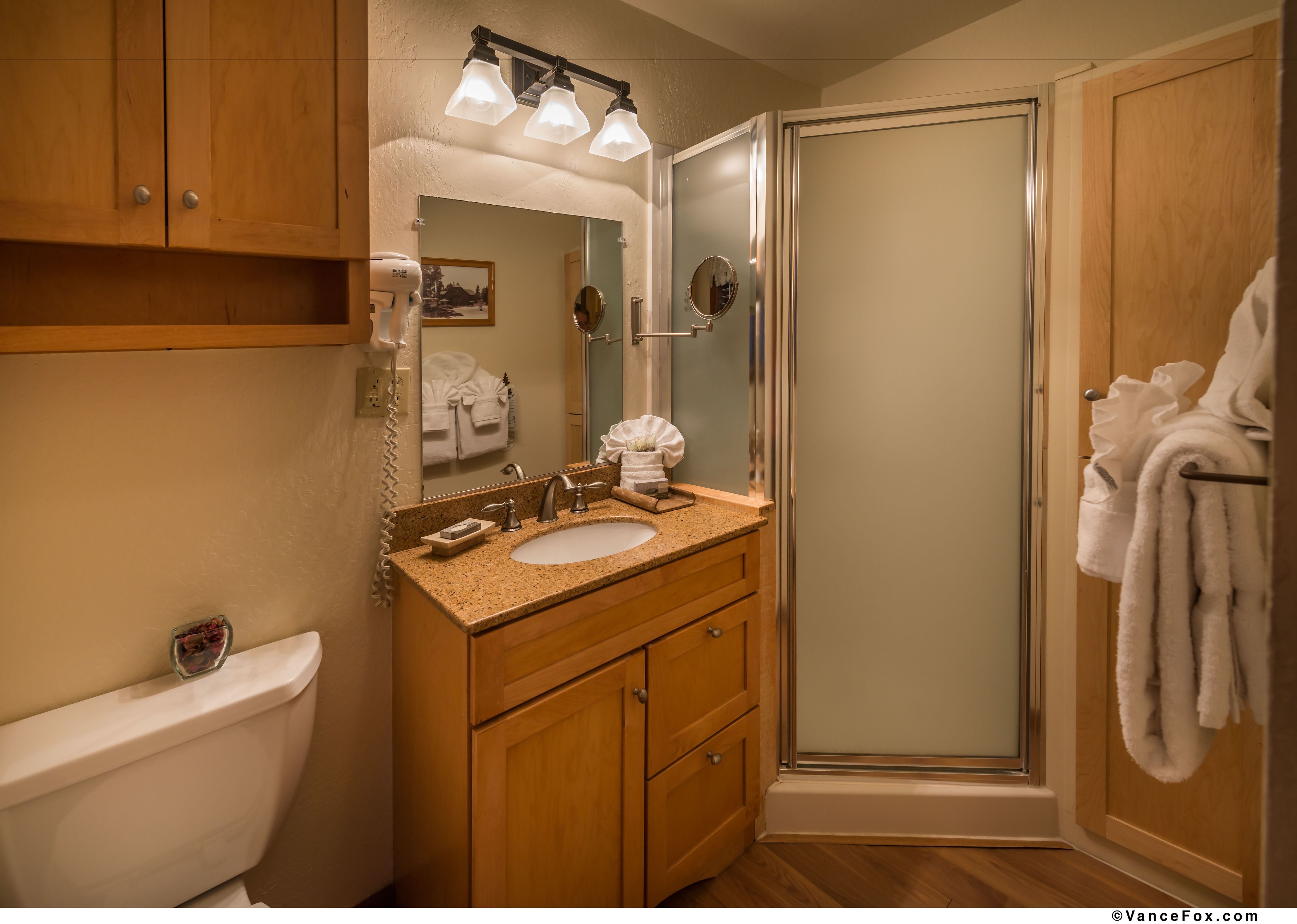 shower, eco-friendly toiletries, hair dryer, towels