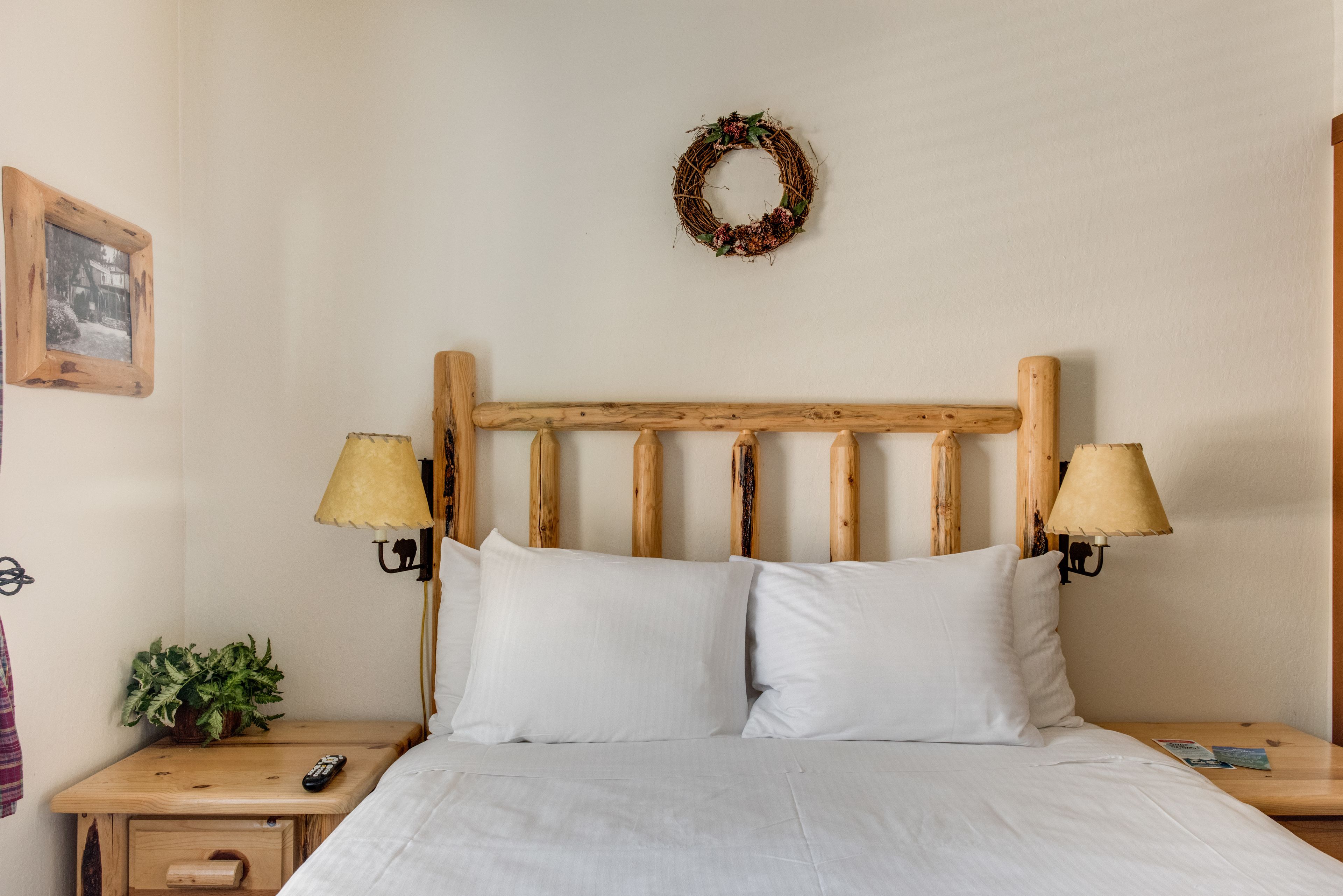 Una cama bien tendida con sábanas blancas, dos lámparas de noche, un cabecero de madera, una mesita de noche con un control remoto, un cuadro enmarcado y una planta en maceta.