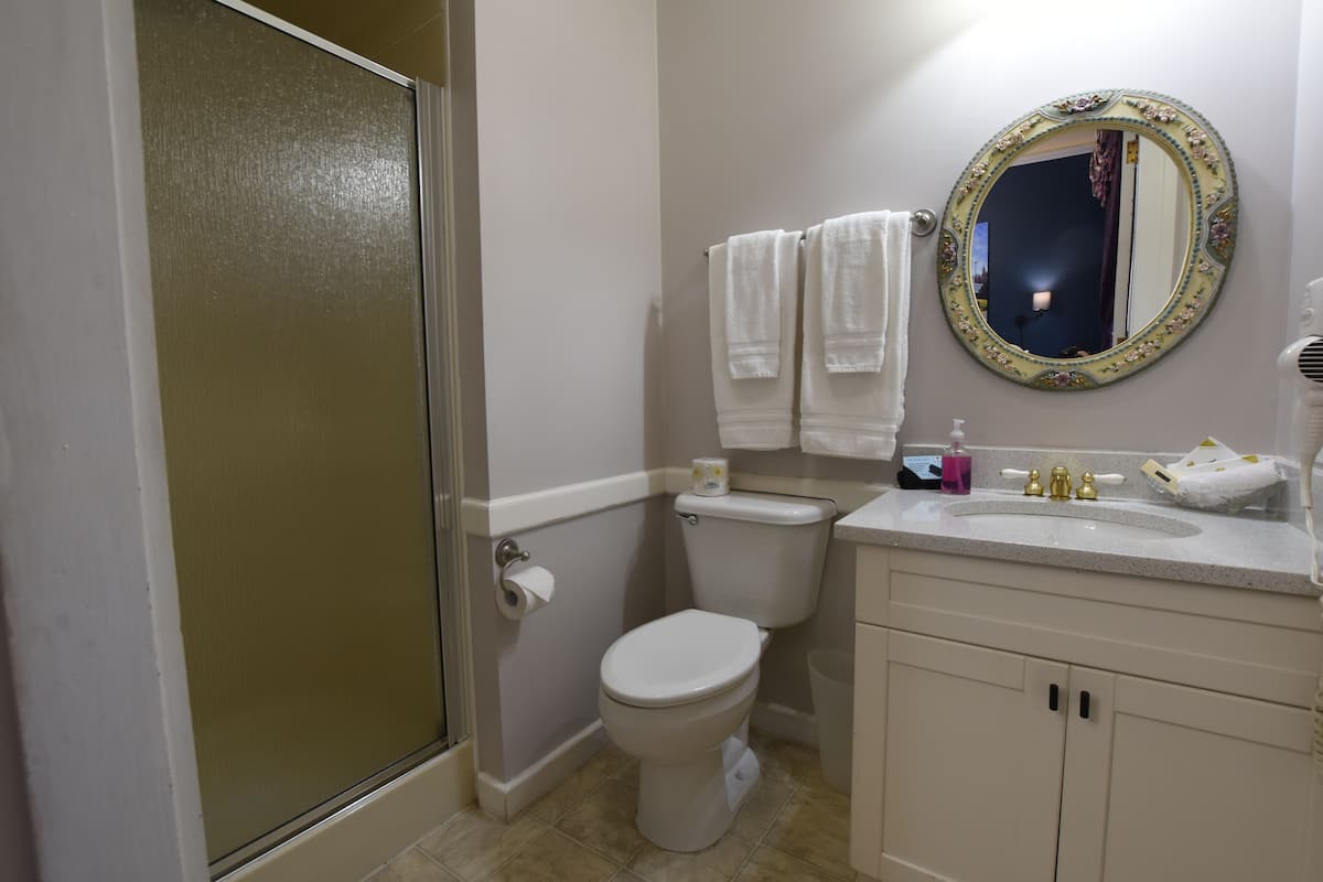 deluxe room, 1 queen bed, partial sea view, slope side | bathroom | hair dryer, towels, soap, shampoo