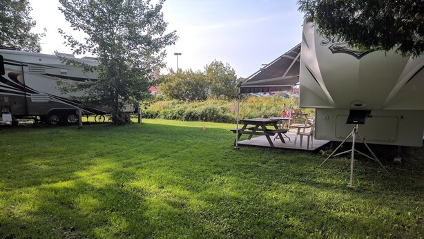 Un camping con vehículos recreativos, mesas de picnic y una zona verde.