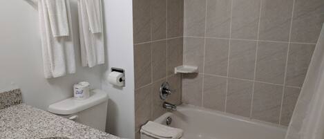 Combined shower/tub, hair dryer, towels