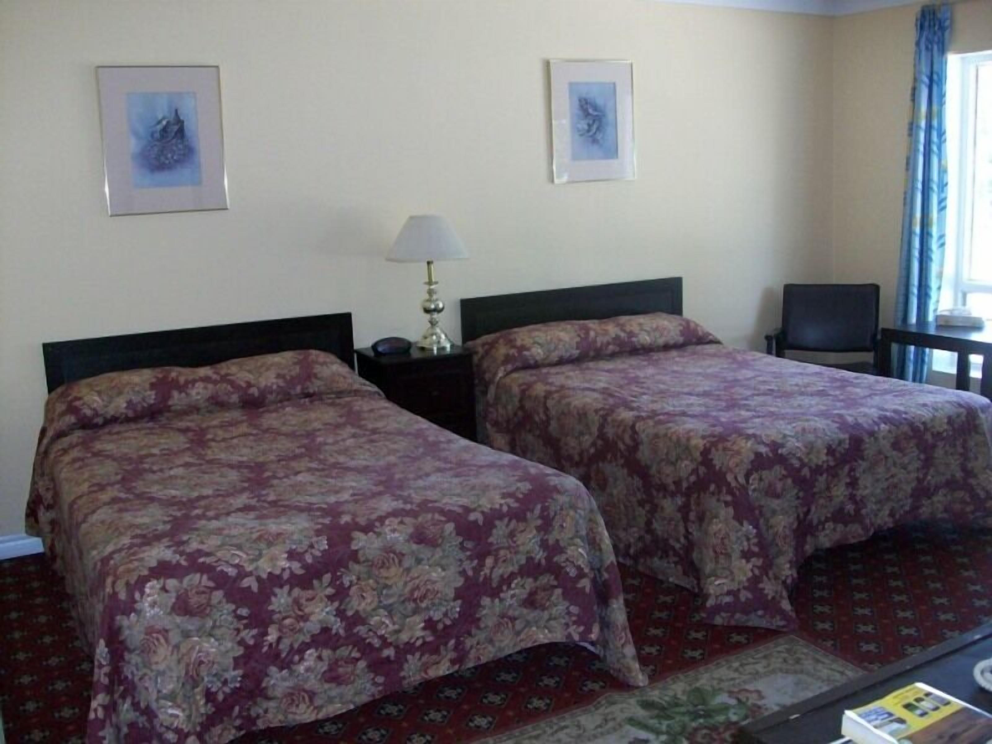 Habitación de hotel con dos camas, una mesita de noche con lámpara, una silla y una pequeña mesa con un libro.