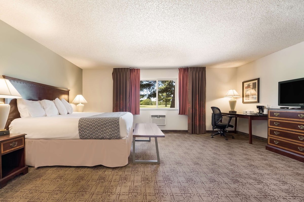 A hotel room with a bed, bedside tables, a desk, a chair, a dresser, and a television.
