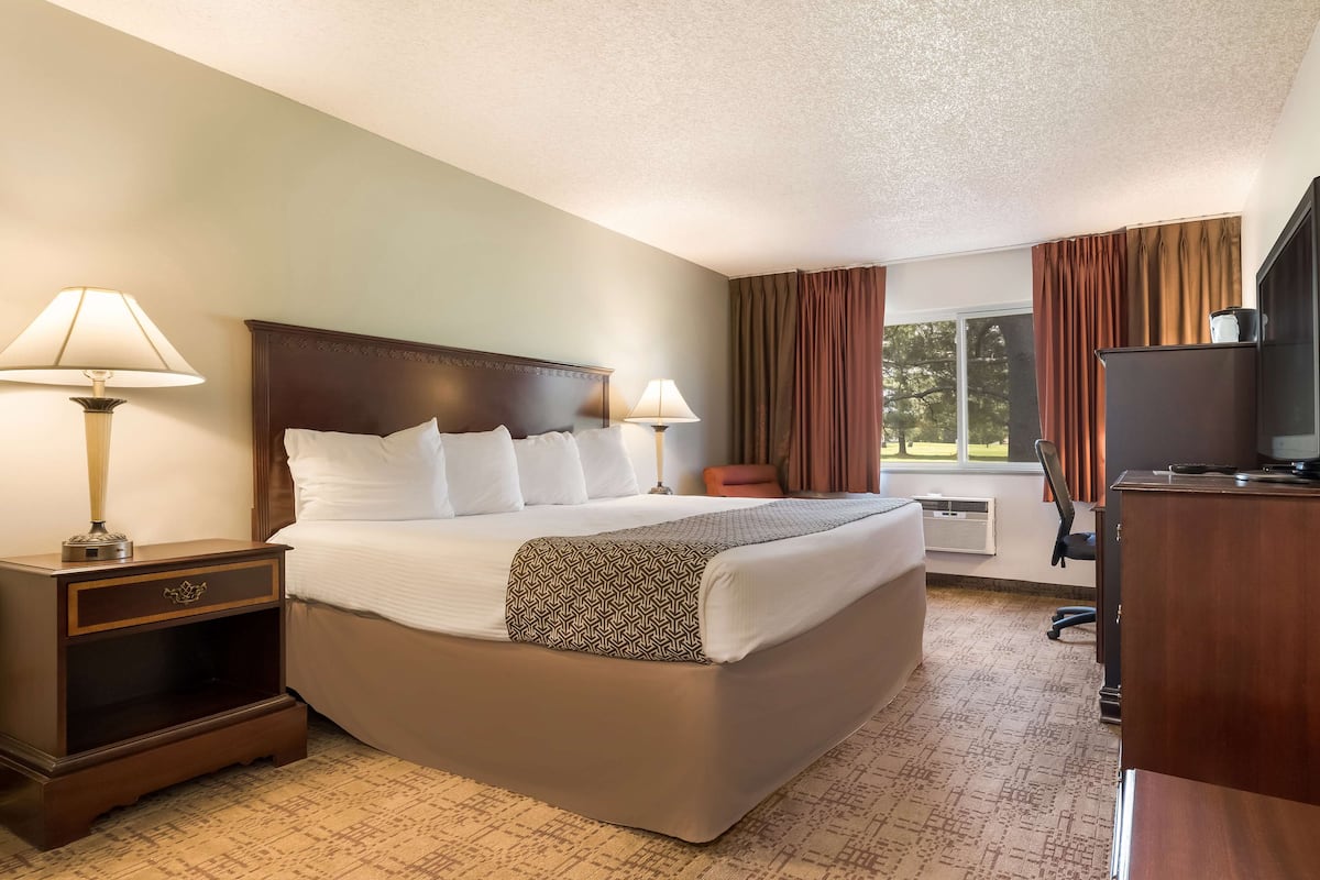 A hotel room with a large bed, two bedside lamps, a desk with a television, and a window with curtains.