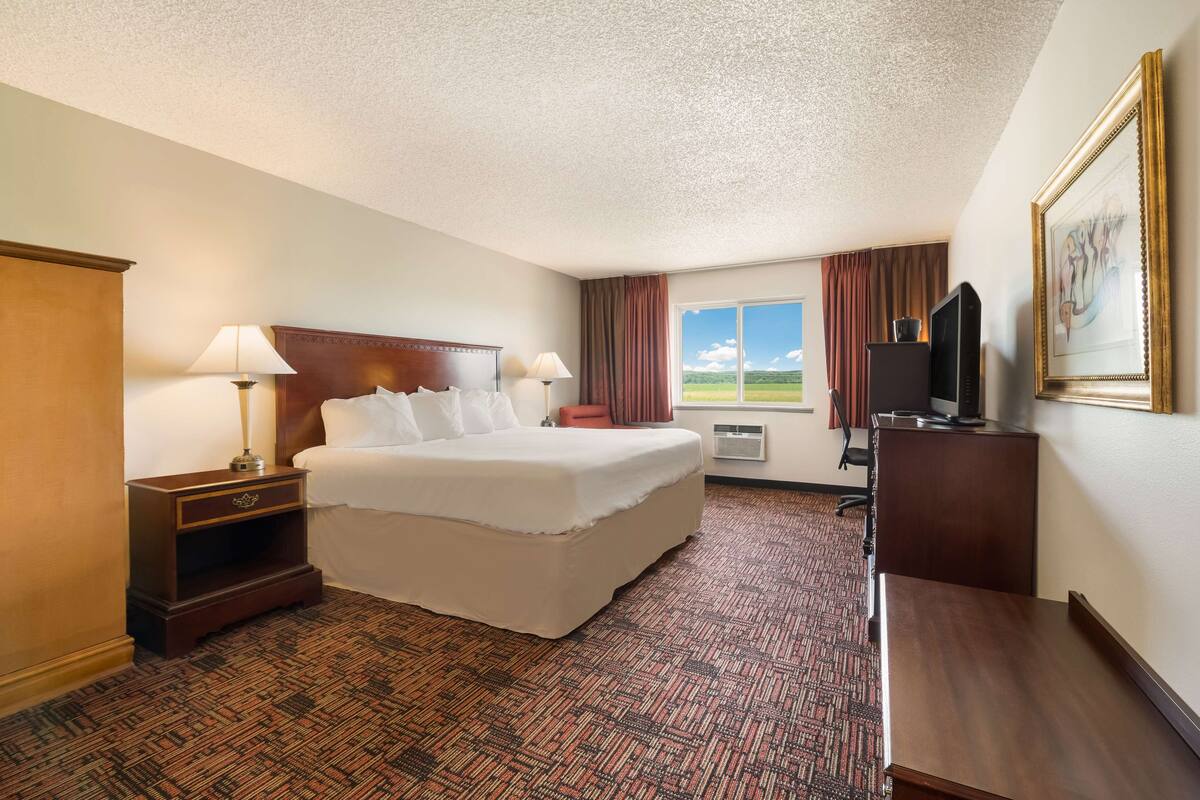 A hotel room with a large bed, two bedside tables with lamps, a desk with a television, and a window with a view of the outdoors.