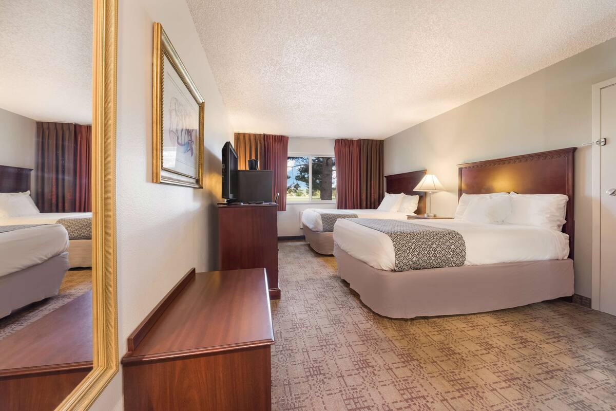 A hotel room with two beds, a desk, a TV, and a large mirror.