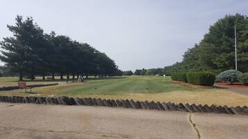 A golf course with a well-maintained green, a stone wall in the foreground, and tall trees lining the fairway.
