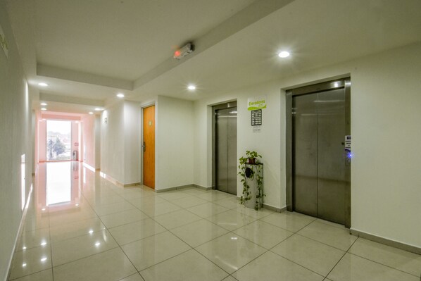 A clean, modern hallway with two elevators, a potted plant, and a sign indicating the location of the elevators.