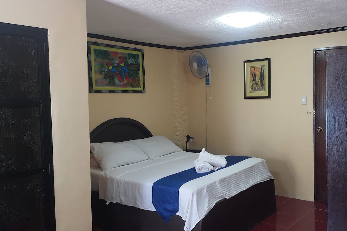 A bedroom with a bed, a standing fan, and two framed pictures on the wall.