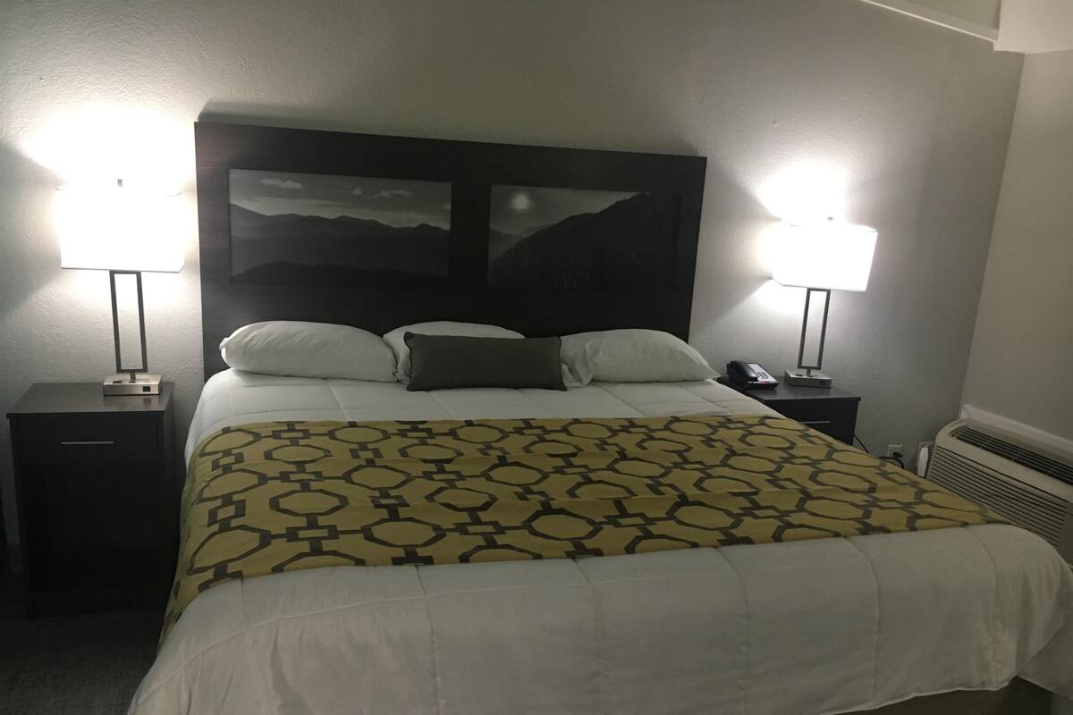 Une chambre d’hôtel comprenant un lit, deux tables de chevet, une commode, une lampe, un téléphone et un radiateur.