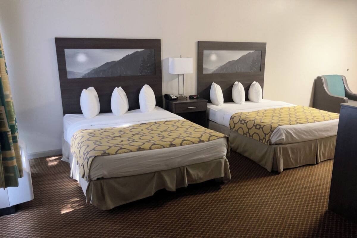 Une chambre d’hôtel avec deux lits, chacun étant surmonté d’un tableau représentant un paysage de montagne. On y trouve un bureau avec une chaise, une lampe et une petite table avec un téléphone.