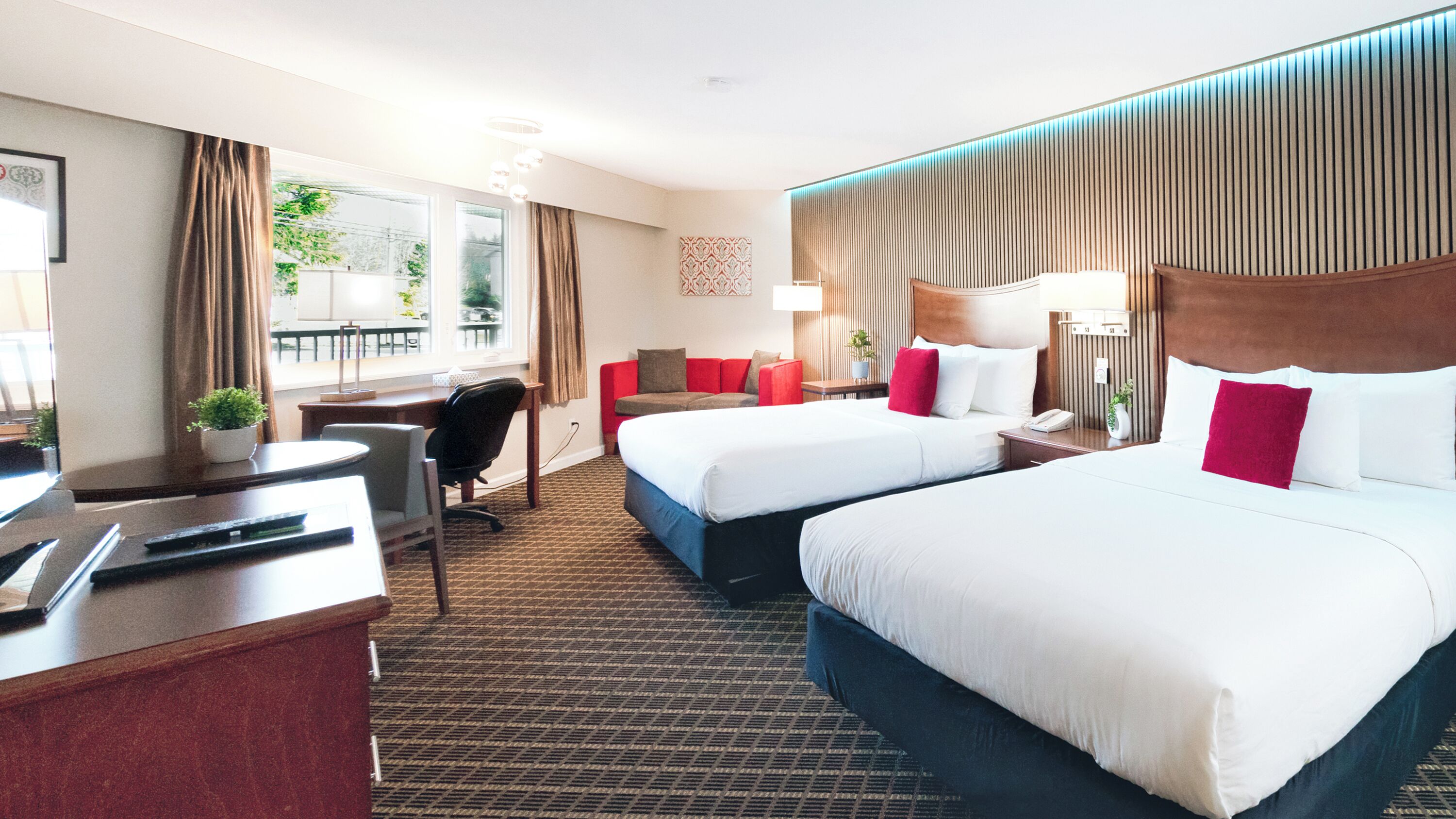 Deluxe Room, 2 Queen Beds, Kitchenette | Premium bedding, desk, iron/ironing board, bed sheets