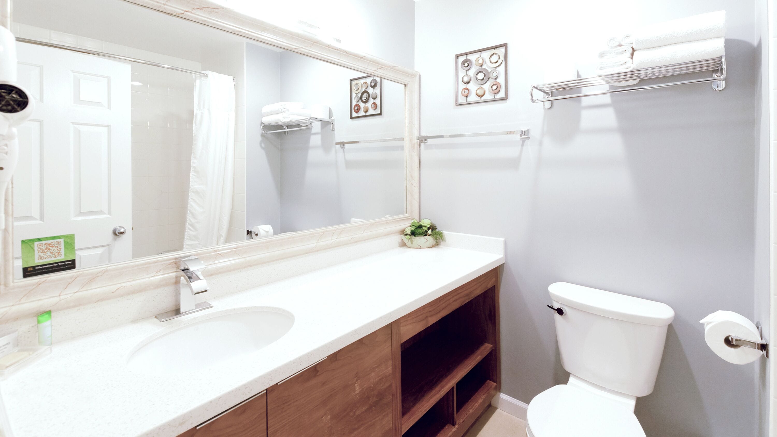 A bathroom with a white sink, mirror, and toilet. There is a small plant on the sink counter, and a towel rack above the toilet.