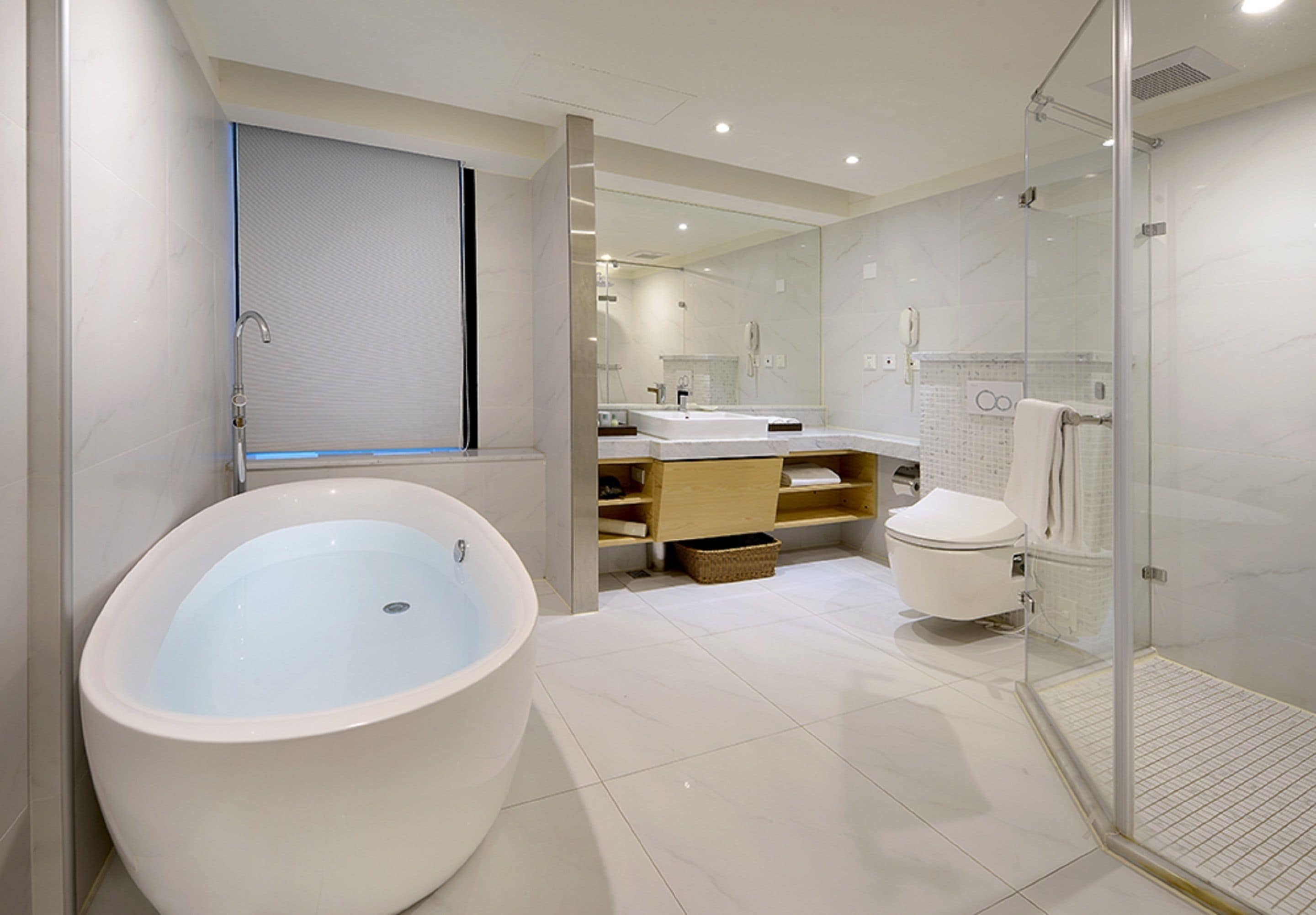 shower, hair dryer, slippers, bidet