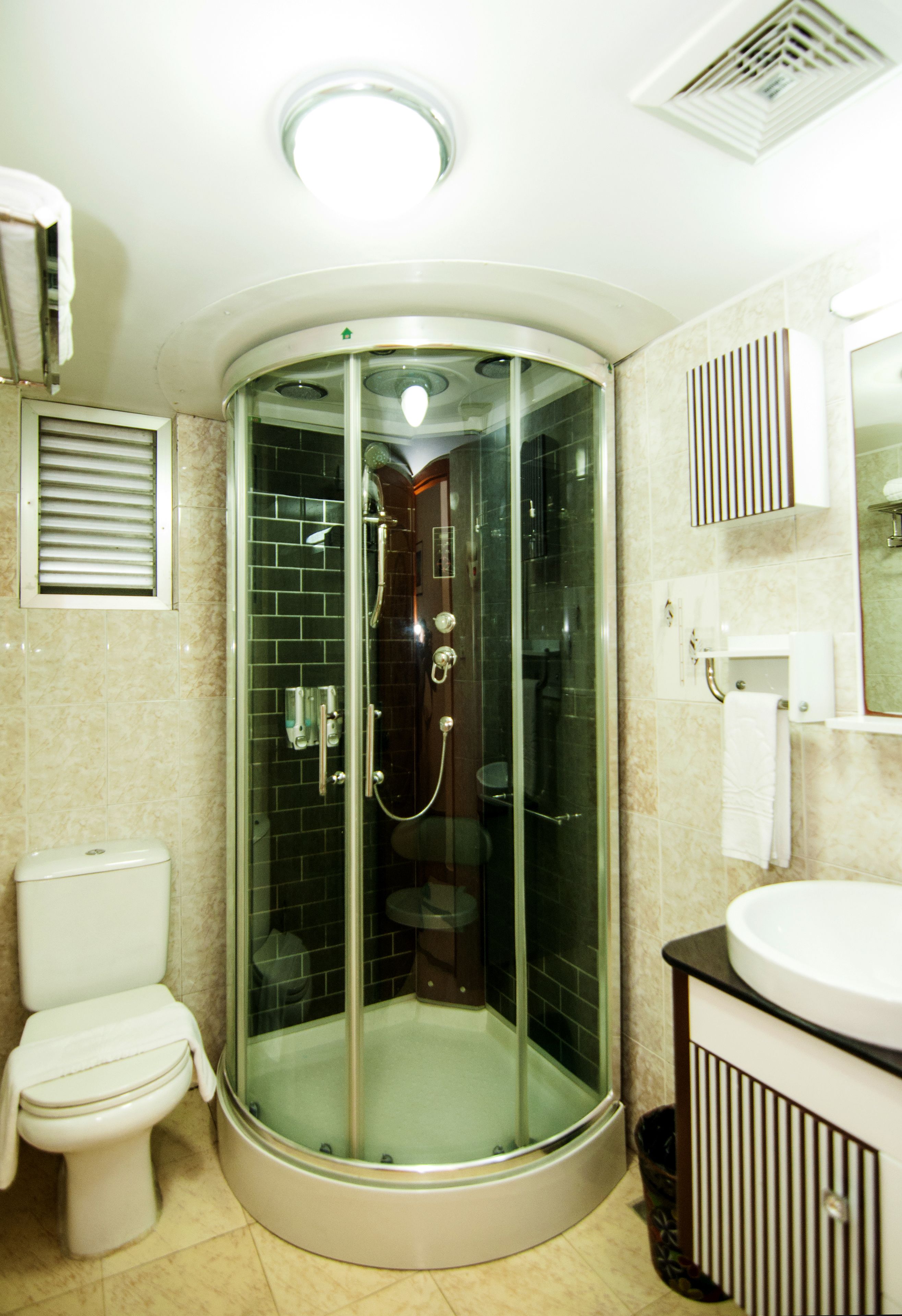 Shower, free toiletries, hair dryer, bathrobes