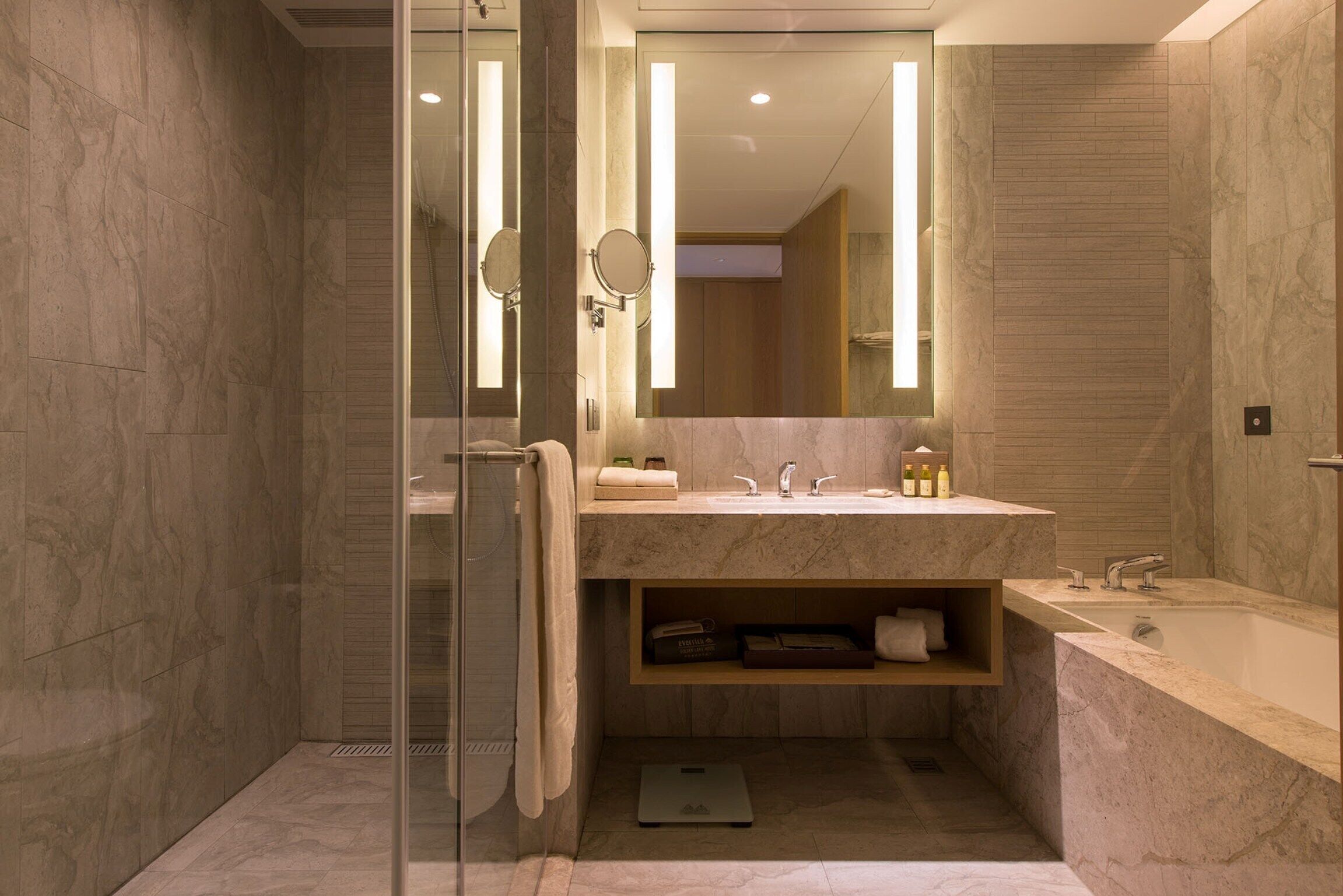 separate bathtub and shower, deep-soaking bathtub, hair dryer