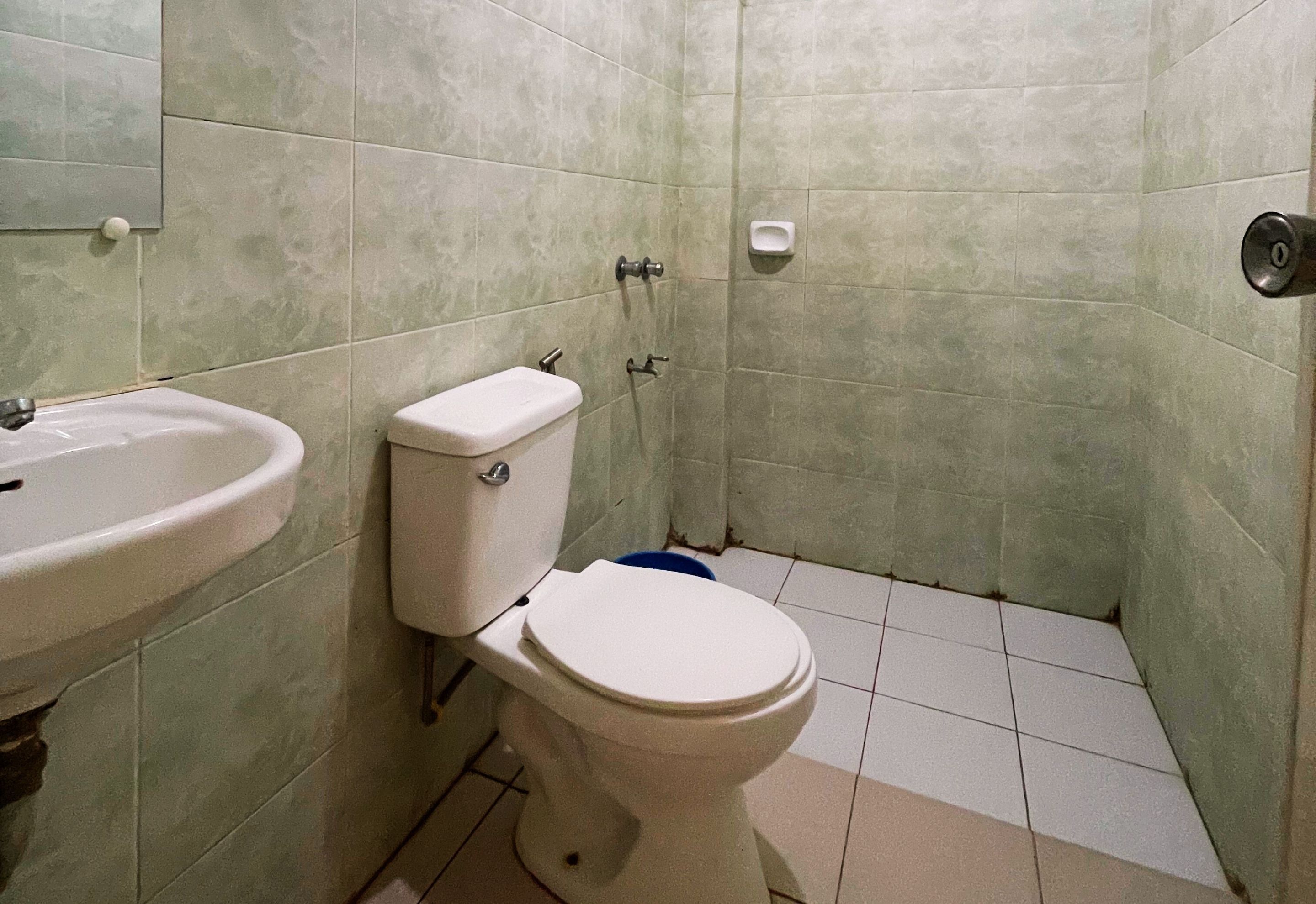 A bathroom with a toilet, sink, and shower.