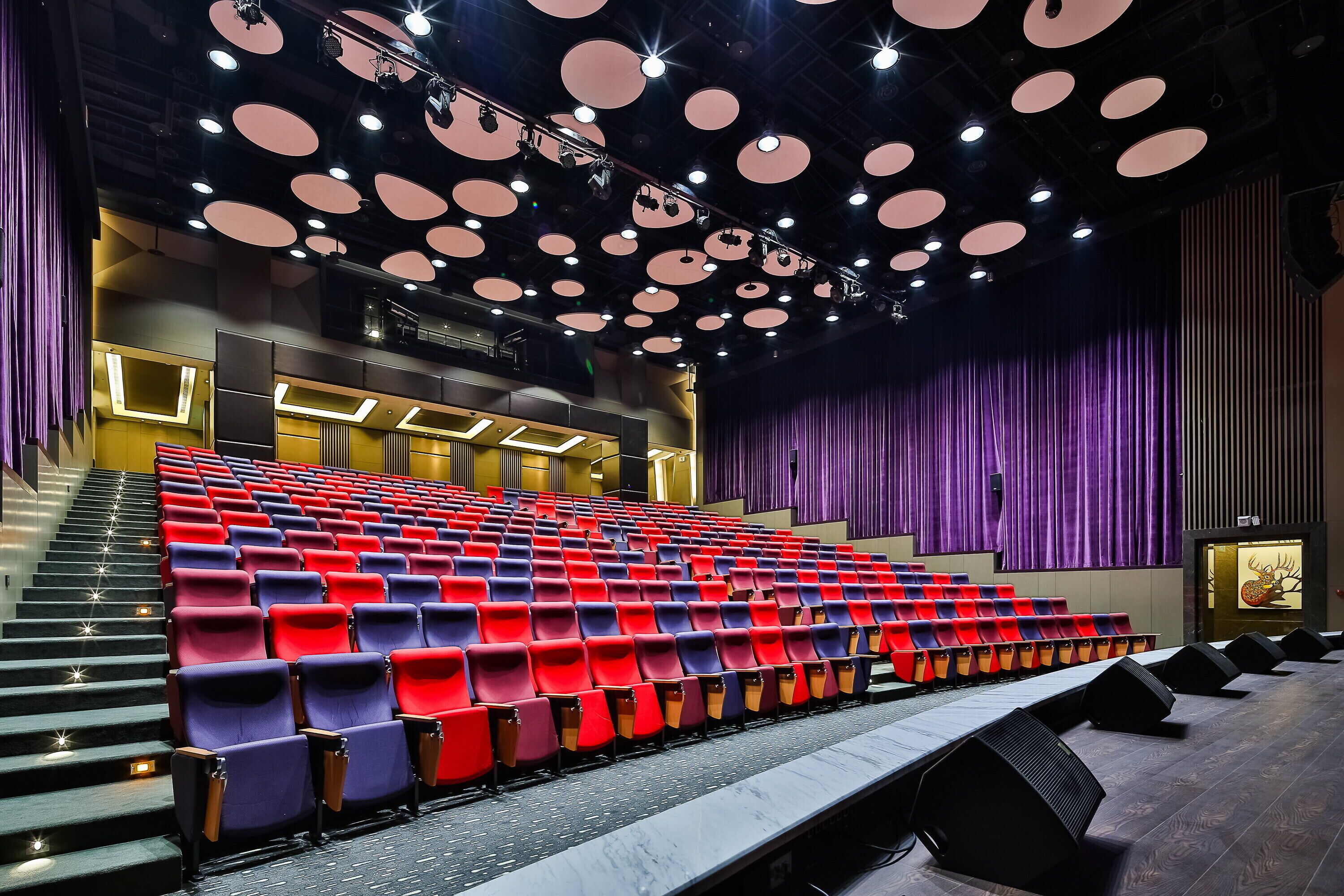 En teater med rader av röda och blå stolar, en scen och en modern takdesign.