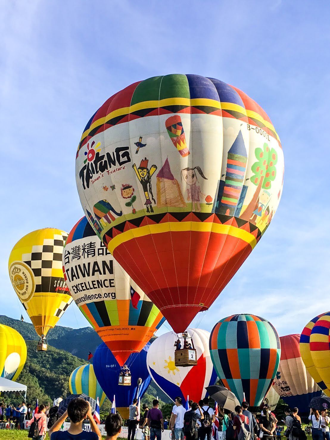 Festival de globos aerostáticos con globos de colores, algunos con texto e imágenes.