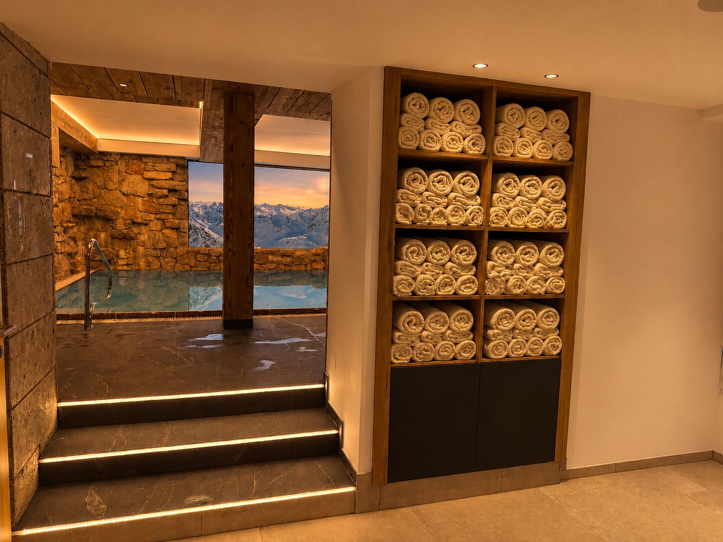 A hotel room with a stone wall, a wooden staircase, a pool, and a shelf with rolled towels.