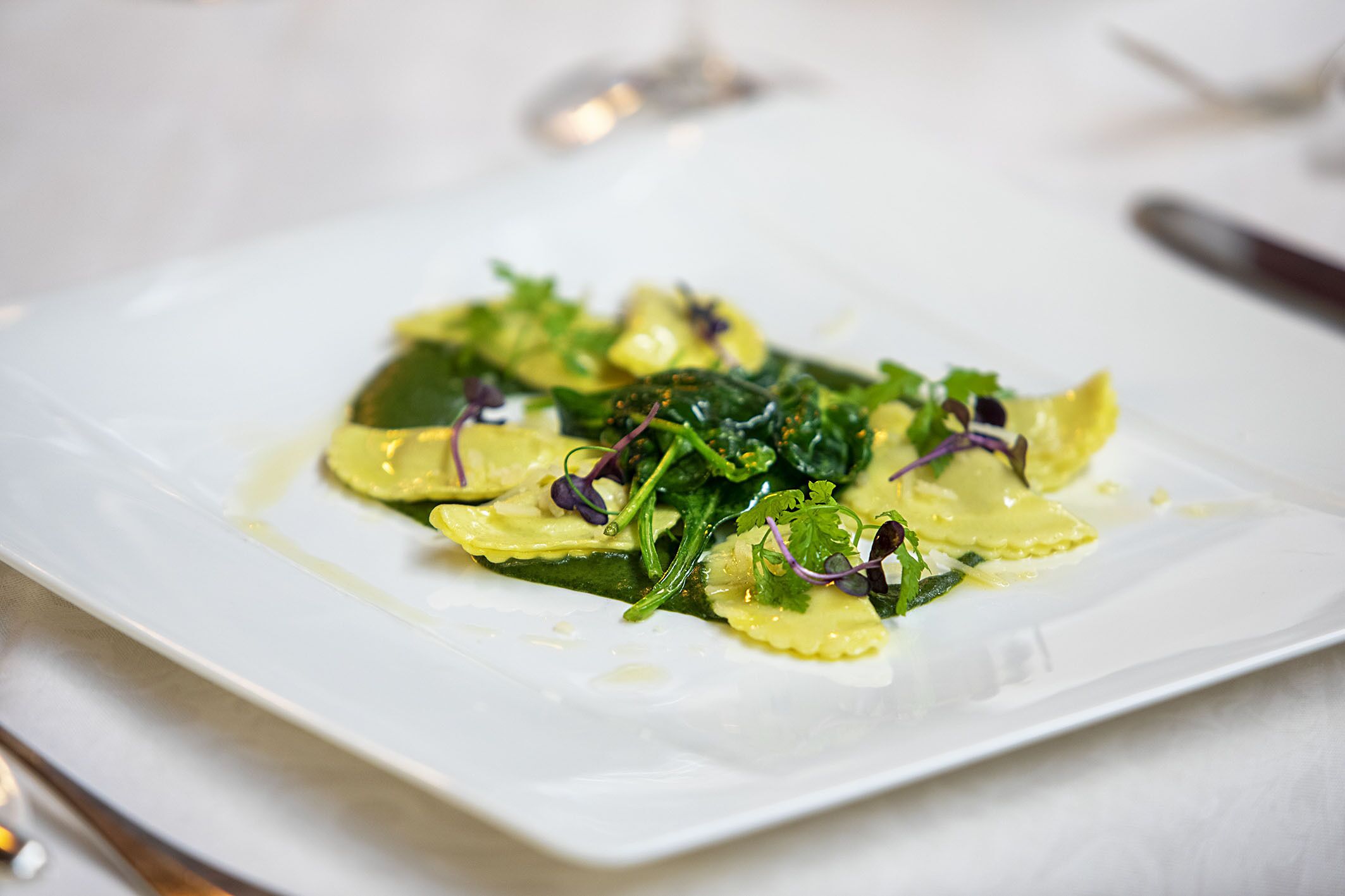 A white plate with ravioli and greens.