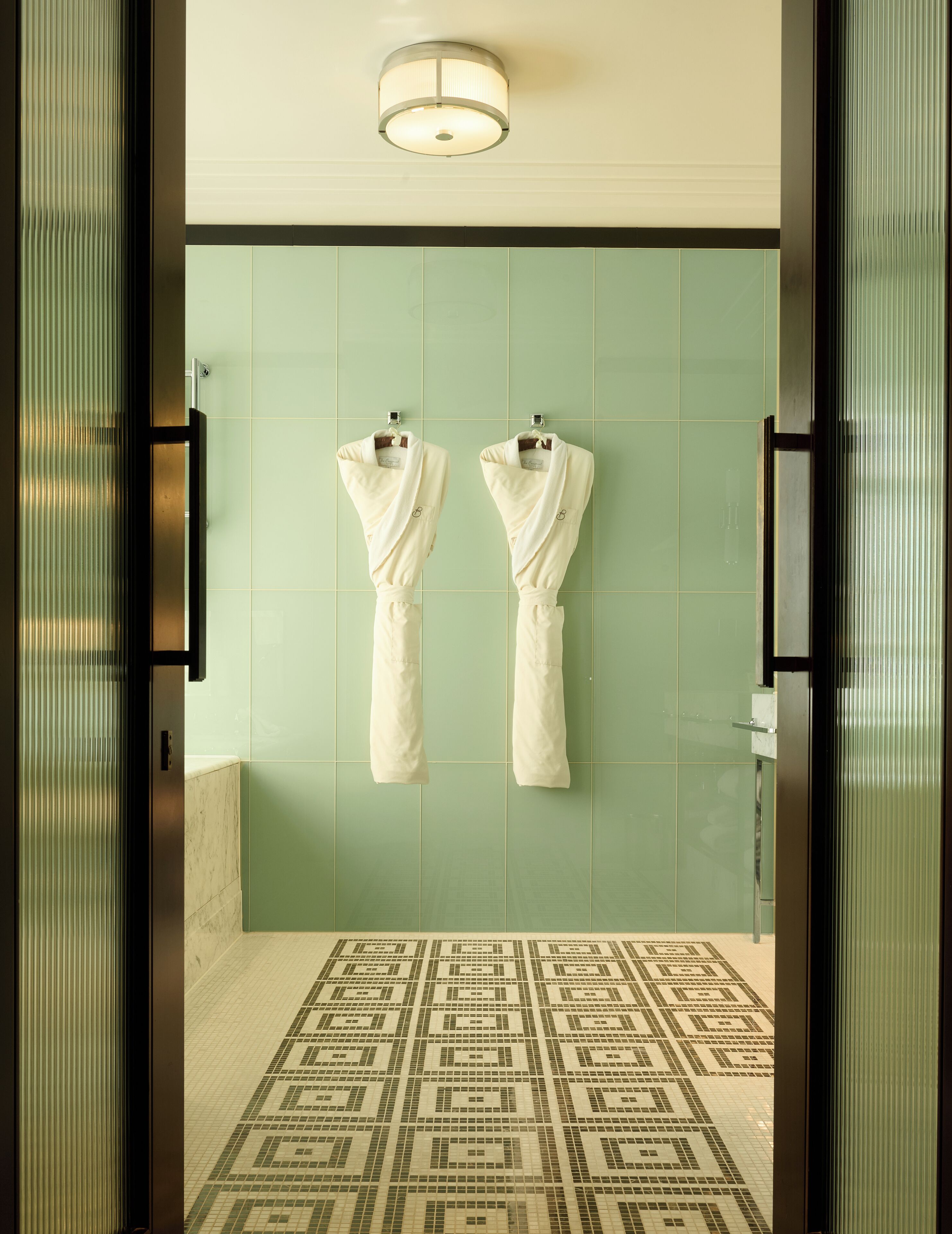 rainfall showerhead, designer toiletries, hair dryer, bathrobes