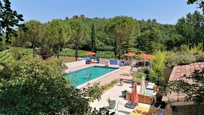 A swimming pool with lounge chairs and umbrellas, surrounded by trees and a vineyard. - Une Campagne en Provence (Bras)