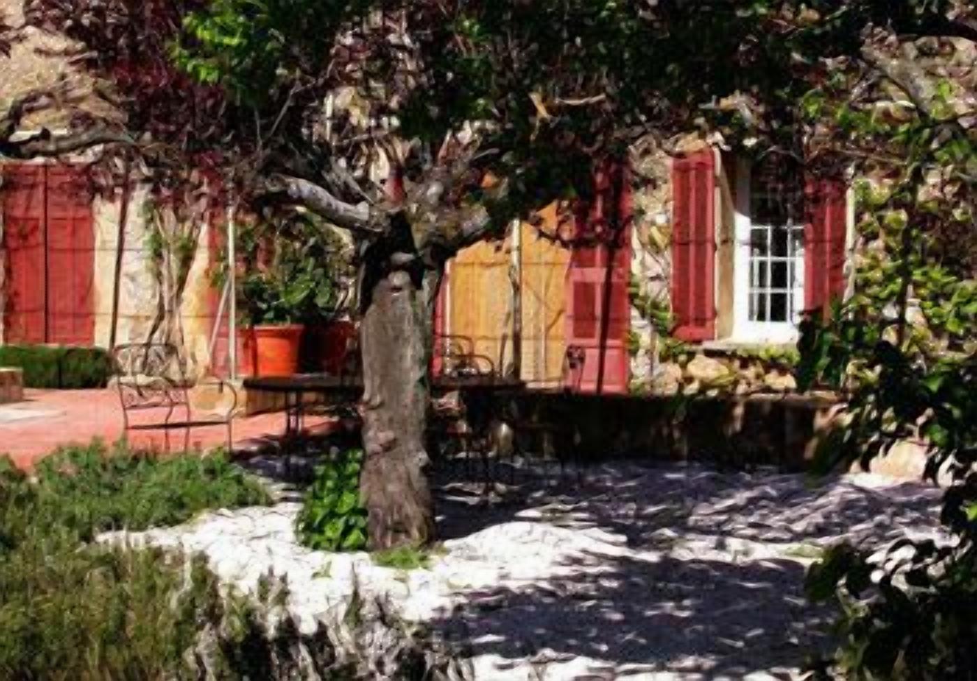Un patio empedrado con un árbol, contraventanas rojas y una banca.