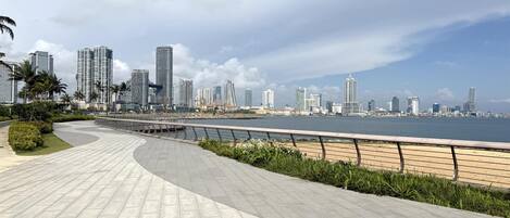 A waterfront promenade with a city skyline in the background.