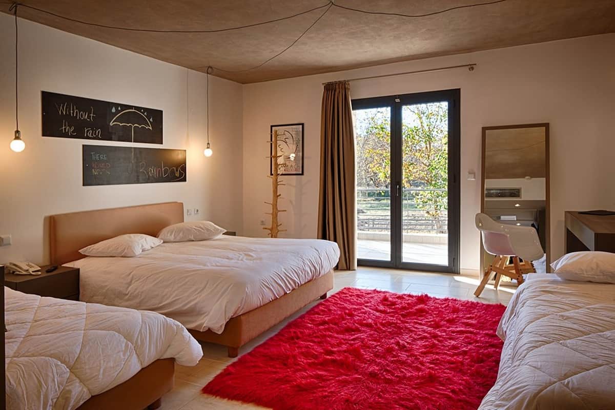 A bedroom with two beds, a red rug, a desk, and a chair.