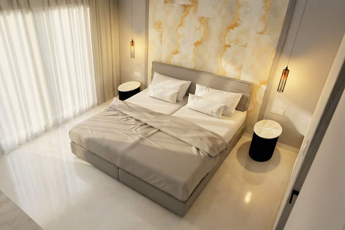 1 bedroom, desk, bed sheets