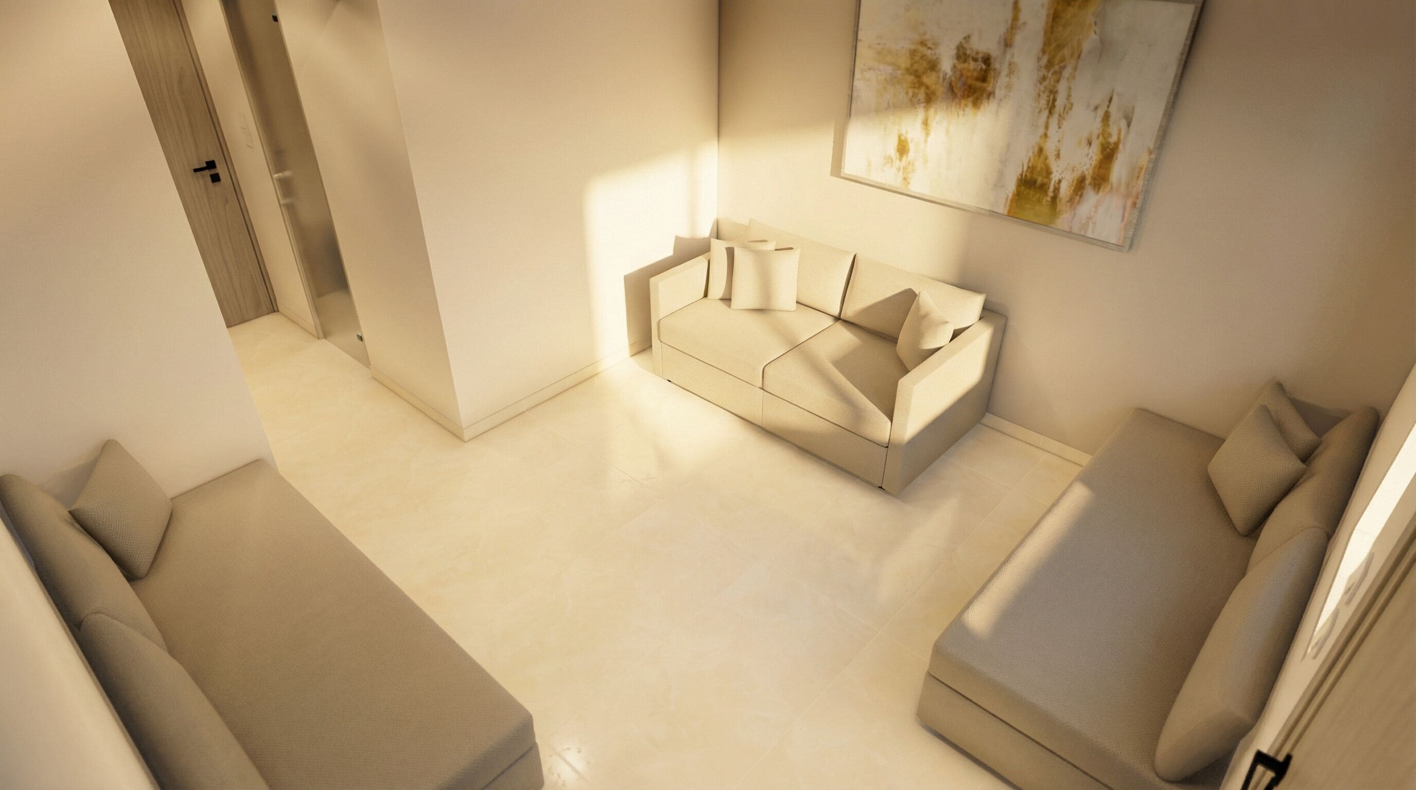 Un salon moderne et minimaliste, avec un canapé, un petit divan et un grand tableau abstrait accroché au mur.
