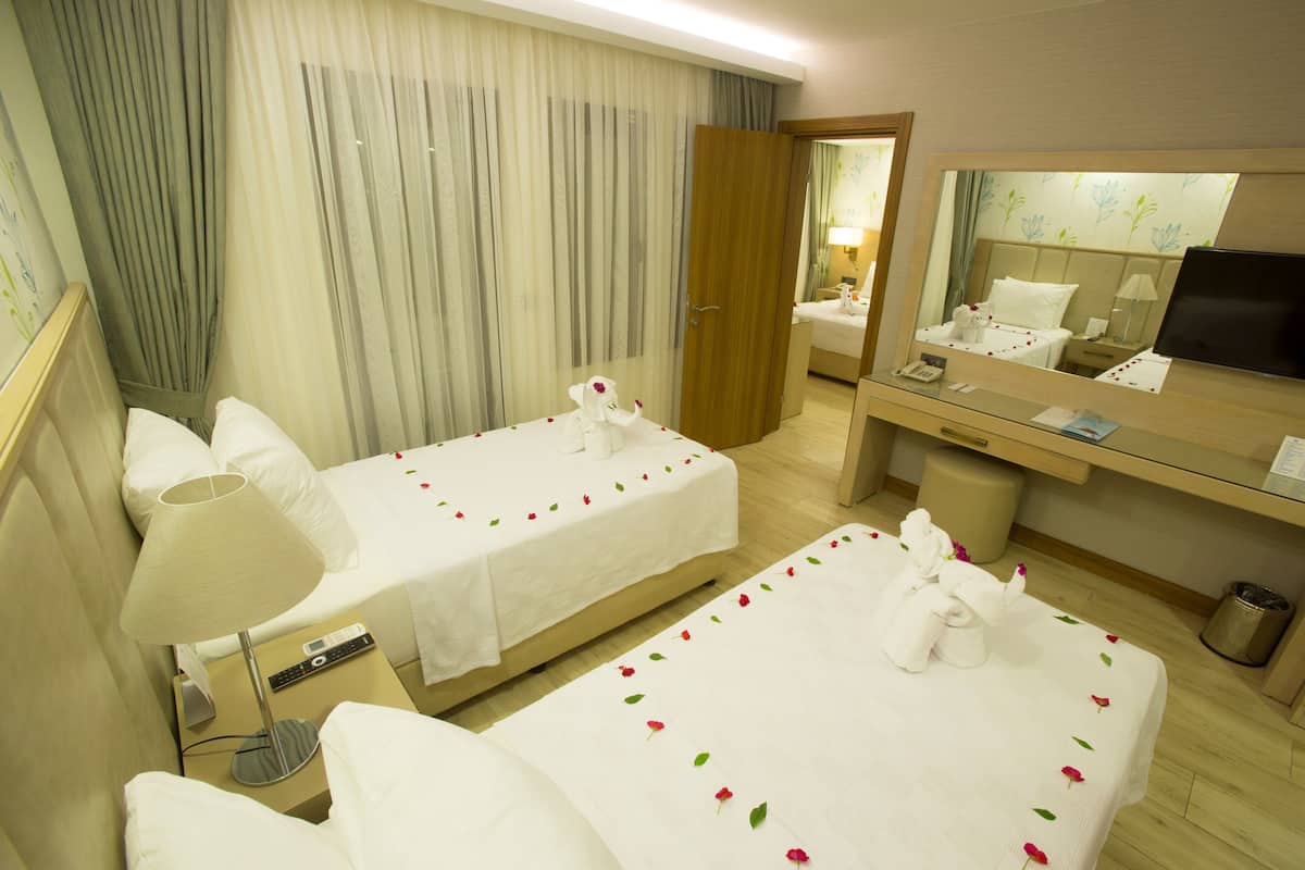 A hotel room with two beds, a desk, a mirror, and a television.