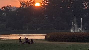 A sunset over a park with a fountain, grassy areas, and a bicycle.