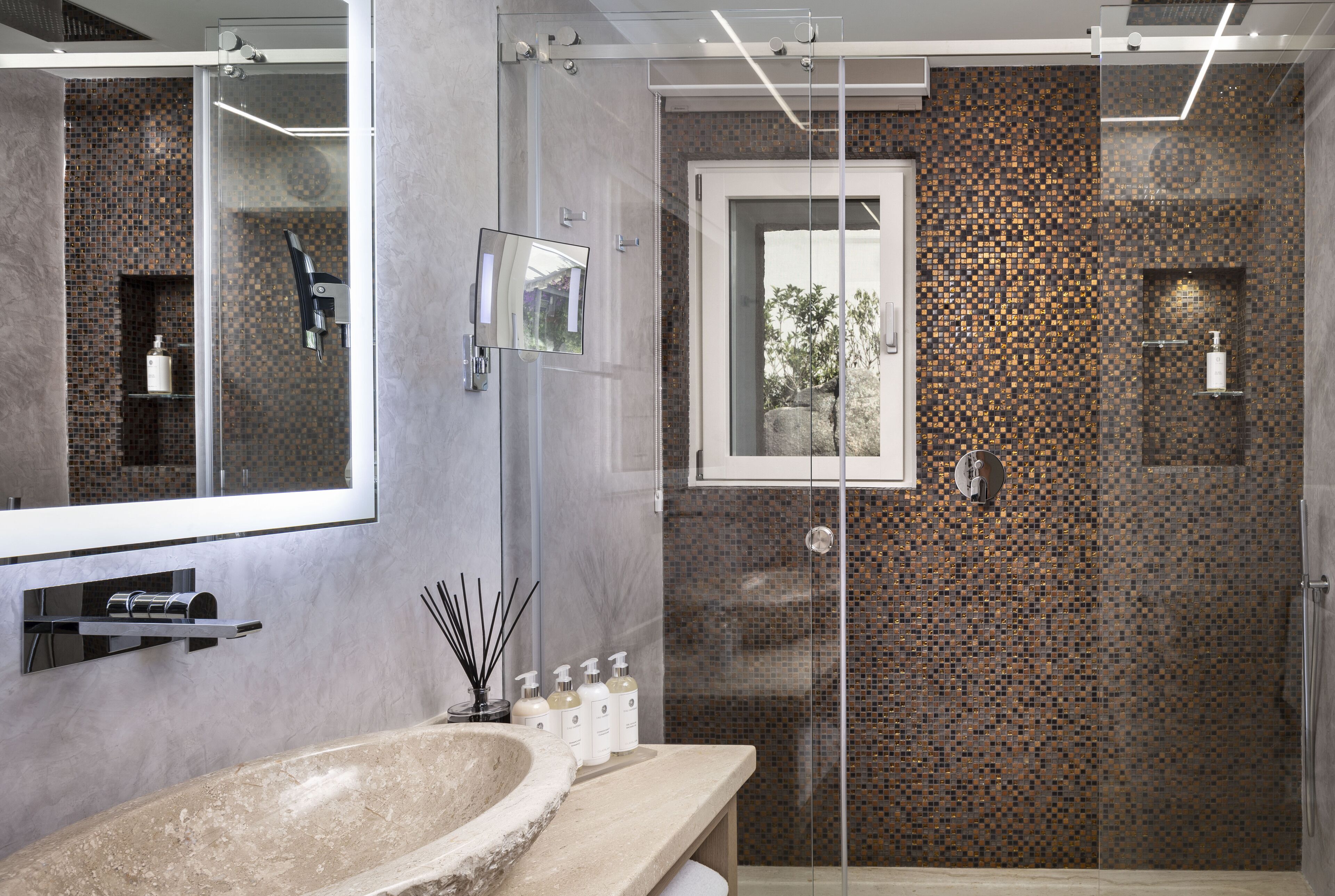villa (ferula) | bathroom | shower, rainfall showerhead, designer toiletries, hair dryer