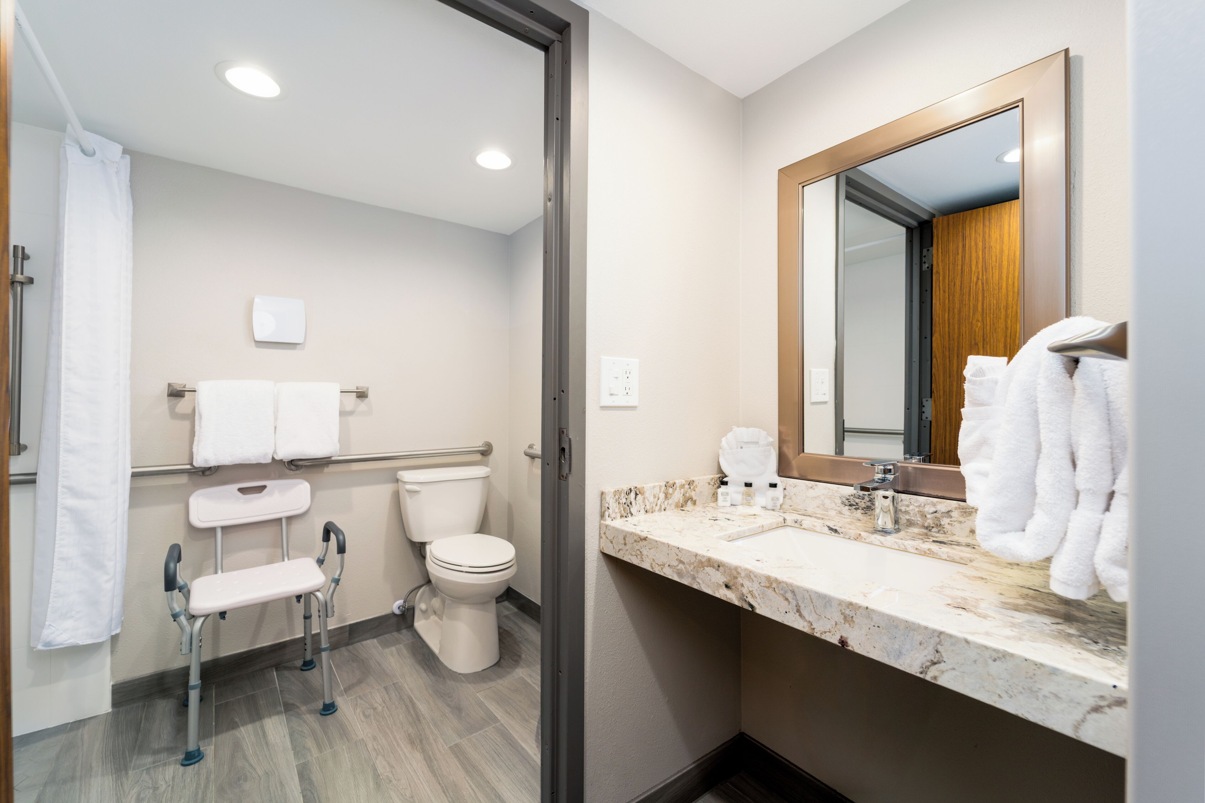Un baño moderno con inodoro, bidé y barras de apoyo.