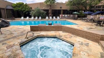 Outdoor pool, pool umbrellas, pool loungers