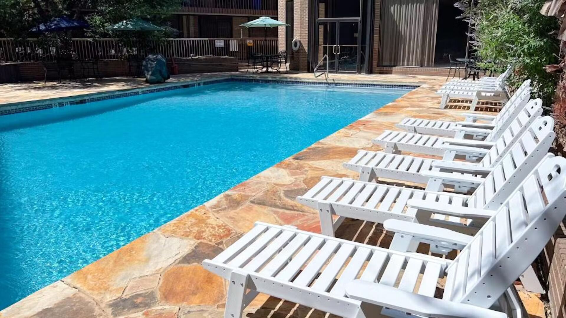 outdoor pool, pool umbrellas, pool loungers