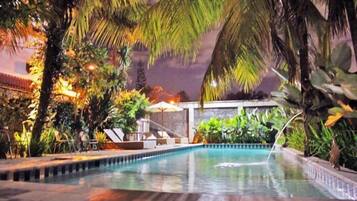 Outdoor pool, pool umbrellas, pool loungers