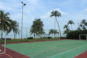 Ein Basketballplatz im Freien mit einem Korb, umgeben von Palmen und einem Zaun.