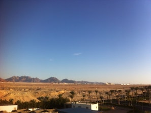 A desert landscape with mountains in the distance, palm trees, and a few buildings. - Shark Bay Oasis (Sharm El Sheikh)