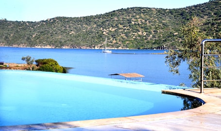 Una piscina al aire libre, sombrillas, sillones reclinables de piscina