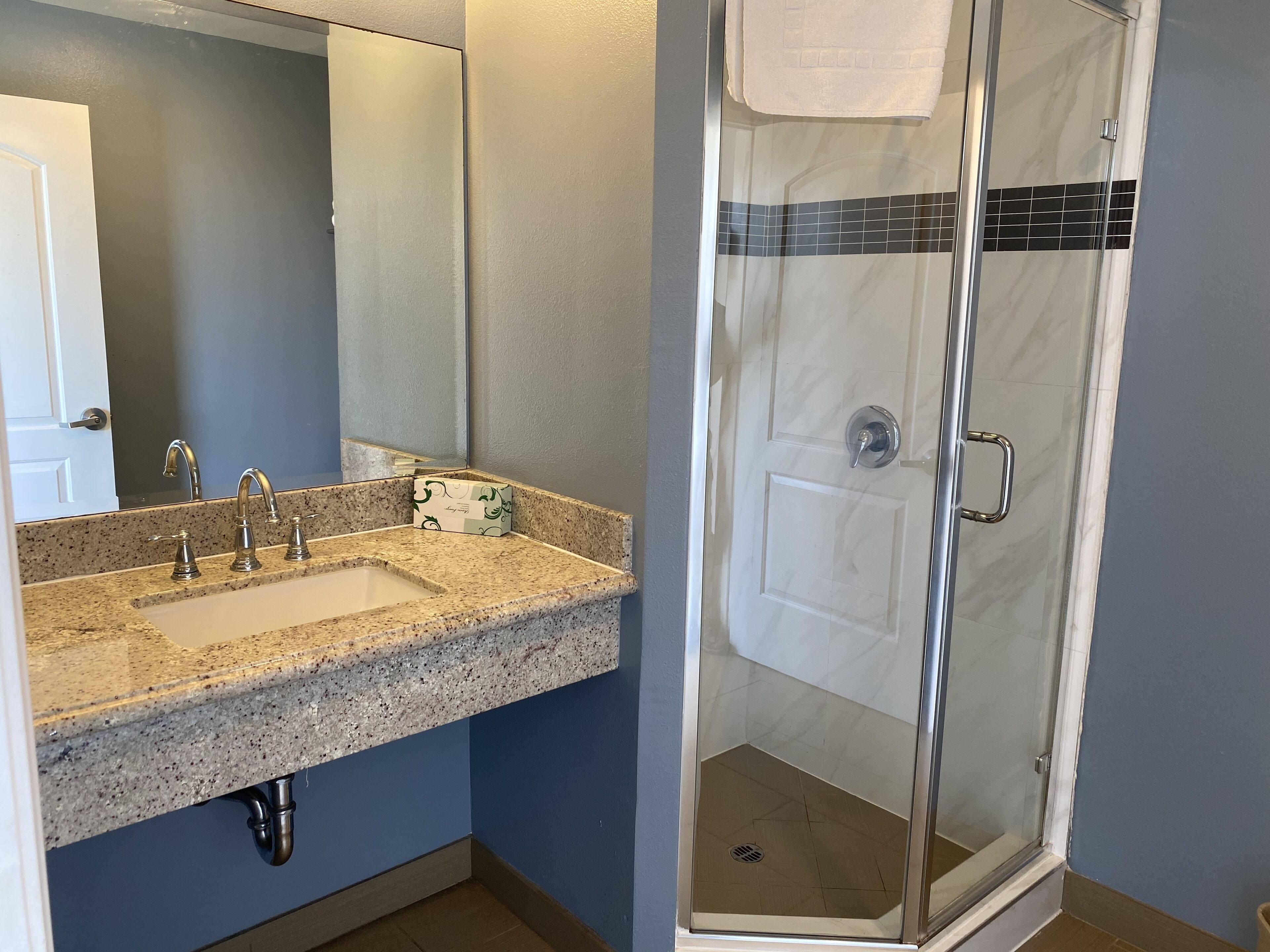 A bathroom with a granite countertop sink, a mirror, and a glass shower door.