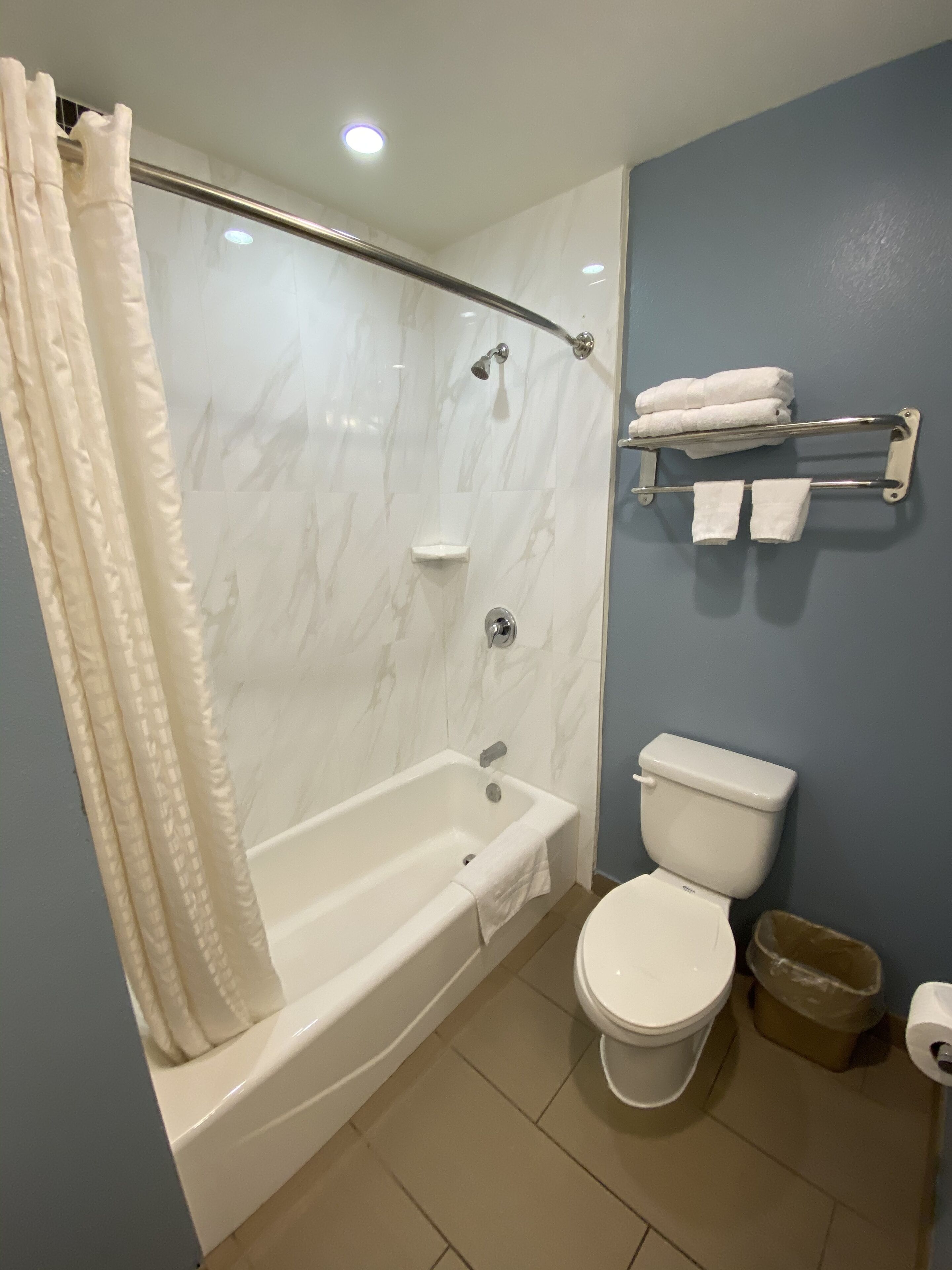 Une salle de bain avec une baignoire, des toilettes et un rideau de douche.